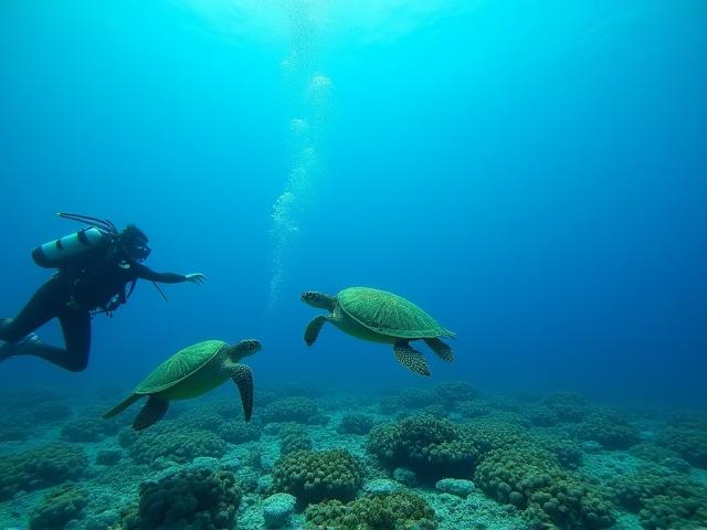 Un plongeur observant des tortues marines dans une eau cristalline, symbole de conservation marine.
