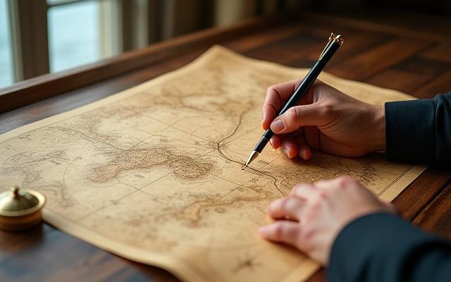 Carte ancienne avec compas et main traçant un chemin