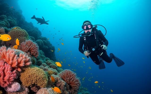 Plongeur avec appareil photo sous-marin nageant près d'un récif corallien coloré